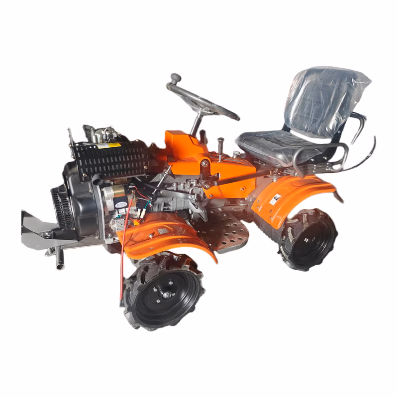 Ride-on rotary tiller, three-quarter view